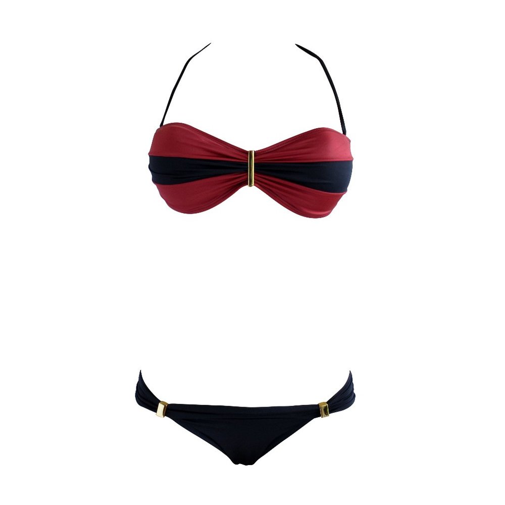 Red and Navy Bandeau Bikini with Gold Bar Detail